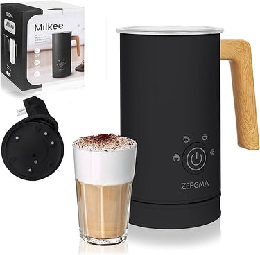 Zeegma Milkee - Espumador de Leche Eléctrico Milkee 650ml, 4 Modos para Espumar y Calentar, Diseño Moderno con Mango de Madera, Potencia de 500W, Fácil de Limpiar, Revestimiento Antiadherente (Negro)